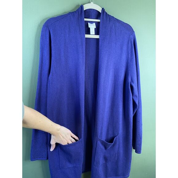 Chicos Longline Cardigan Size 3 (XL) Purple Knit Beaded Sleeves Duster Pockets - Picture 6 of 11